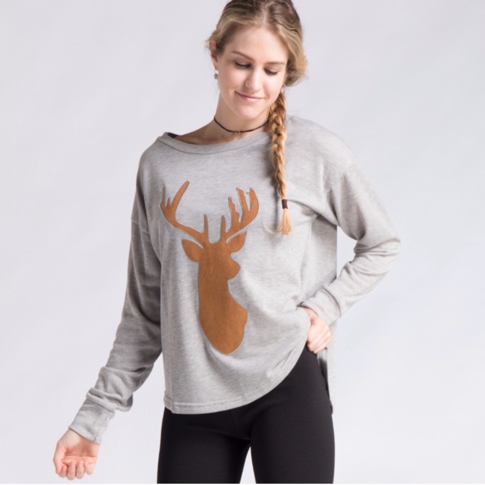 ✨‼️LAST‼️✨ Grey deer patch French Terry Sweatshirt